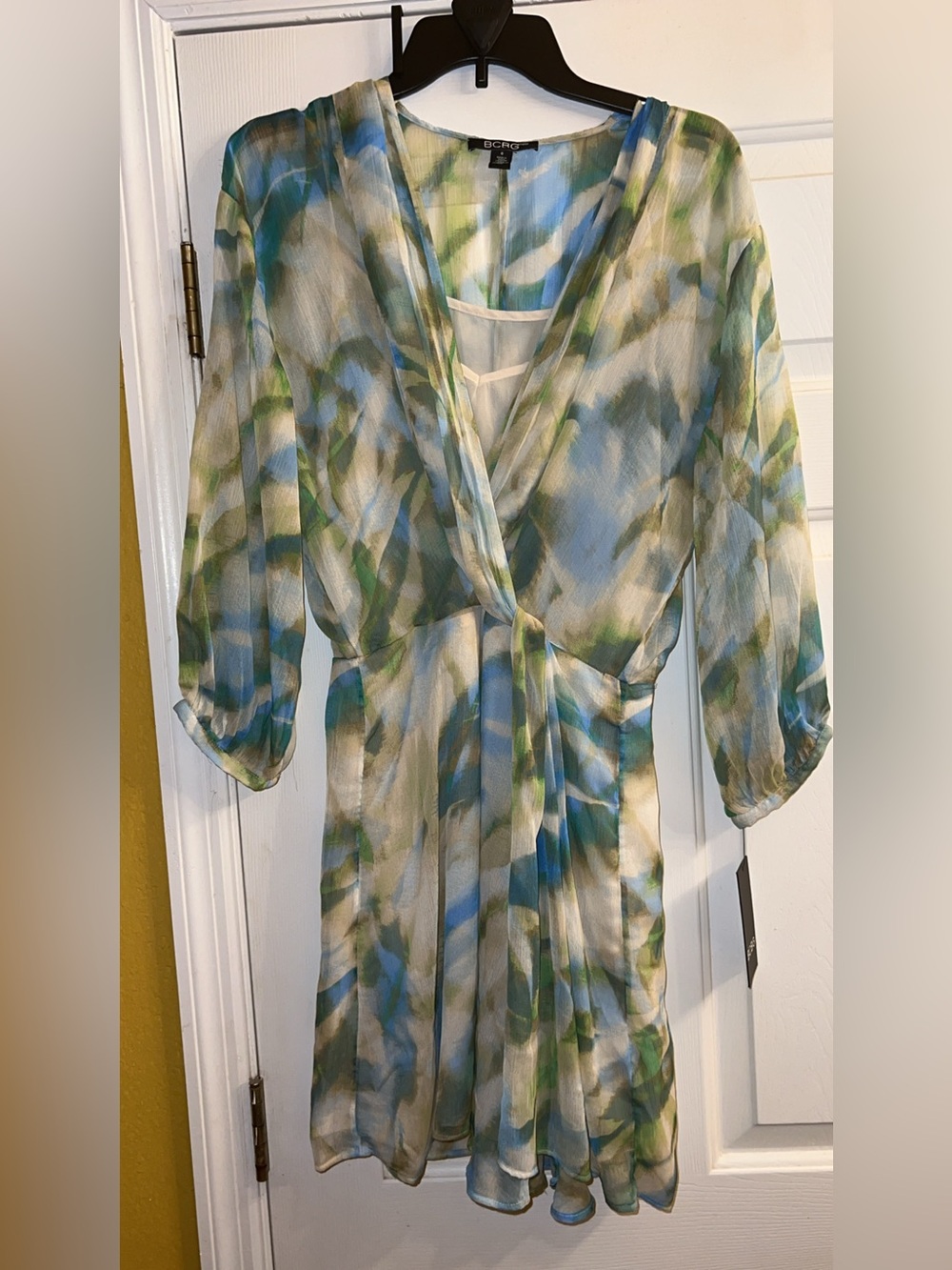BCBG Blue, Green & Cream Watercolor Wrap-Style Long Sleeve Dress
